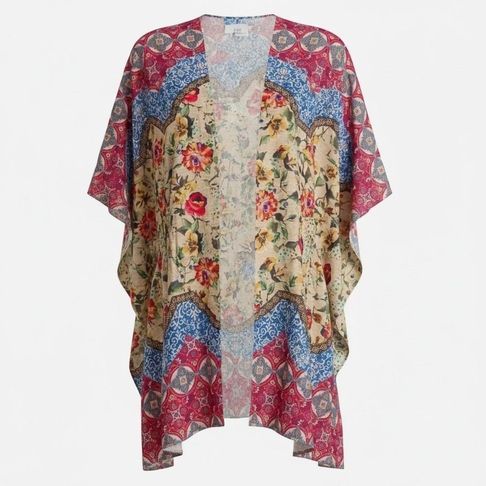 Umgee Boho Patchwork Floral Kimono Sheer Cover Up Festival Beach M/L NWT